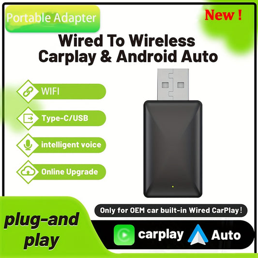 Wireless plug & play adapter for CarPlay & Android Auto, USB-powered, with intelligent voice recognition and seamless connection for cars. Compatible with Type-C devices.