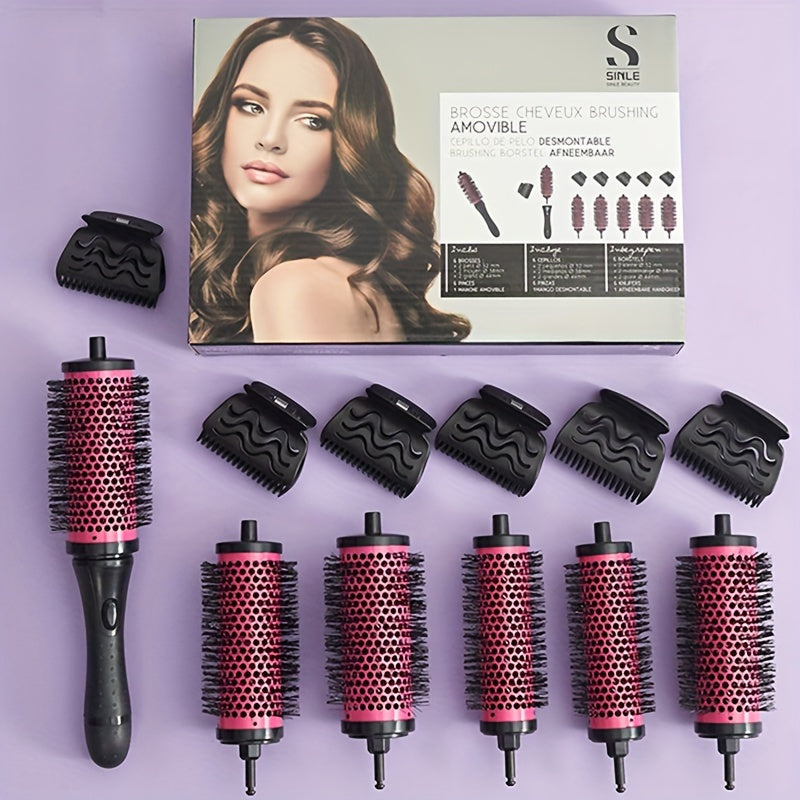 6-piece hair styling comb set for women made of aluminum and copper, including detangling and round curling brushes with nylon bristles for all hair types.