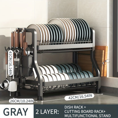 One-piece kitchen dish drying rack with cutting board and utensil holder, easy to install, large capacity, rustproof.