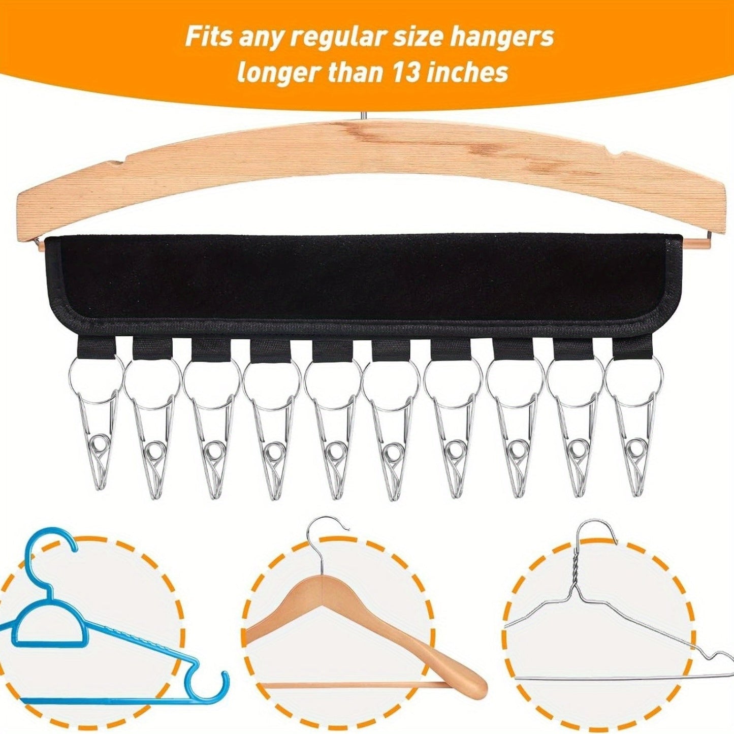 Polyester Hat Hangers - Set of 2, with 20 Stainless Steel Clips. 
This Portable Hanging Display is perfect for Winter Knit Caps, Baseball Caps, Ties, Socks, and Underwear. 
No Electricity Required, this Space-Saving Storage Solution is convenient and