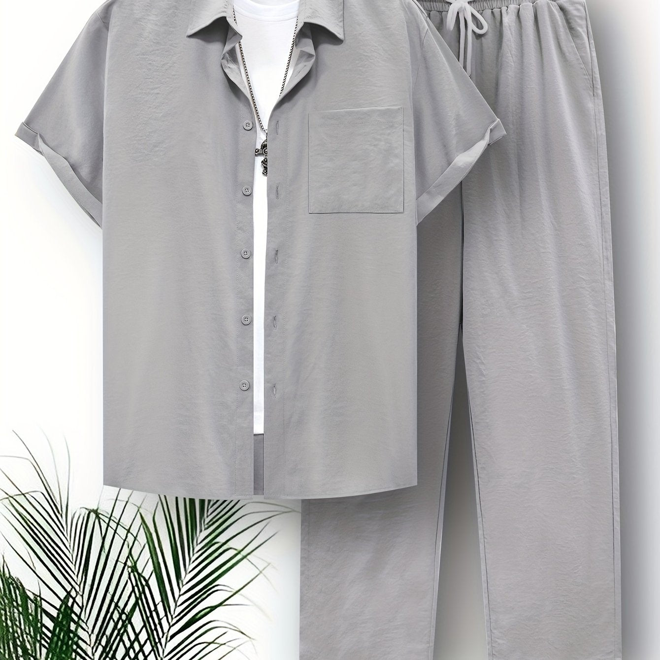 Summer outdoor outfit set for plus size men, featuring solid shirt and pants.