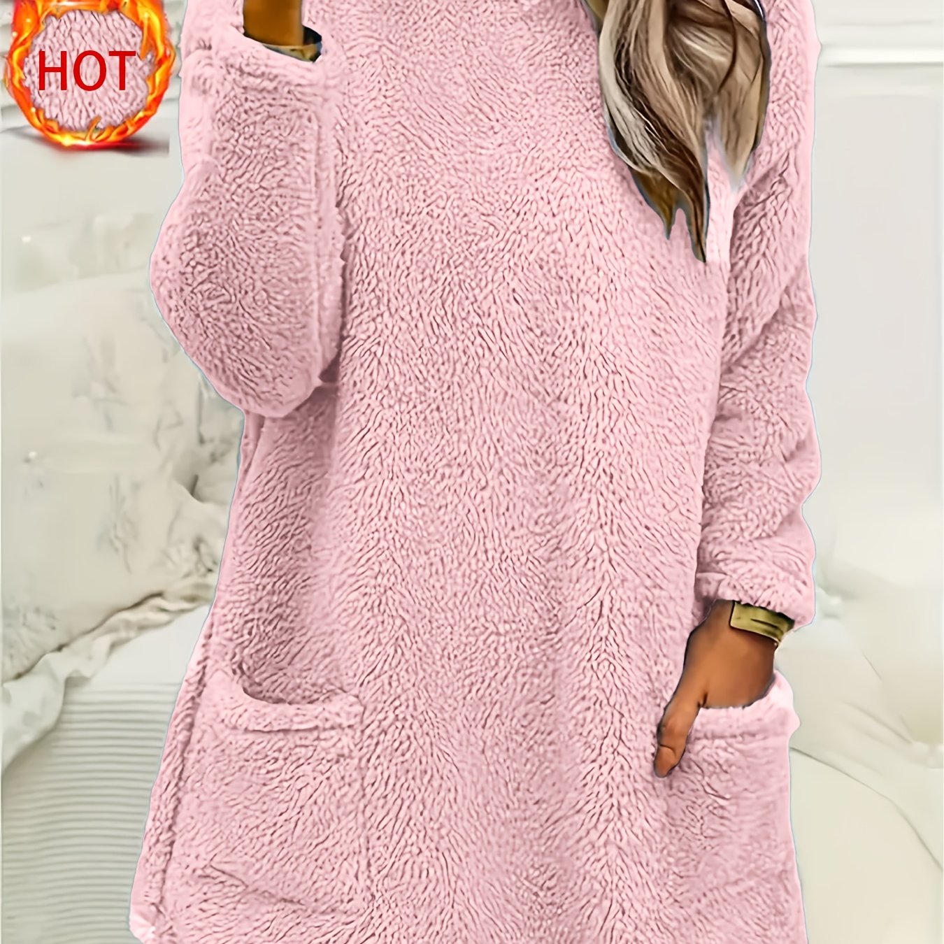 Cozy teddy fleece top for women, crew neck, long sleeve sweatshirt with pocket detail, perfect for fall/winter home wear.