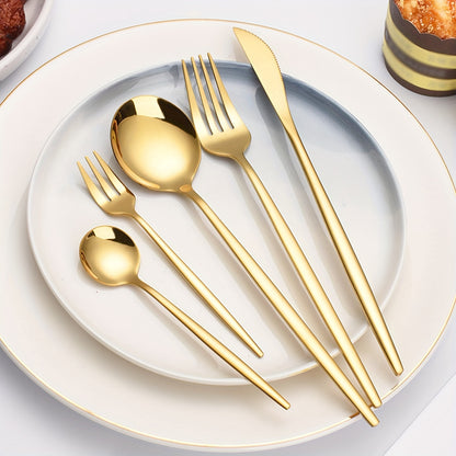 Set of 20/30 stainless steel Portuguese tableware including steak knife, fork, spoon, tea spoon, fruit fork, and dessert spoon. Dishwasher safe and mirror polished, suitable for home, restaurant, hotel, party, or wedding.