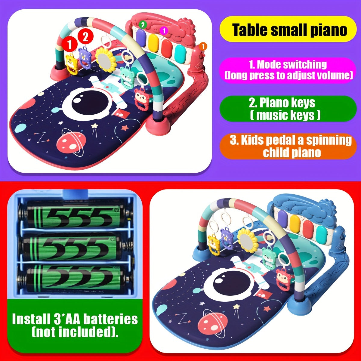 Musical baby gym play mat with piano and hanging toys, perfect for newborns. Features interactive lights and sounds, ideal gift for holidays. Assembly required. Made of polyester fiber.