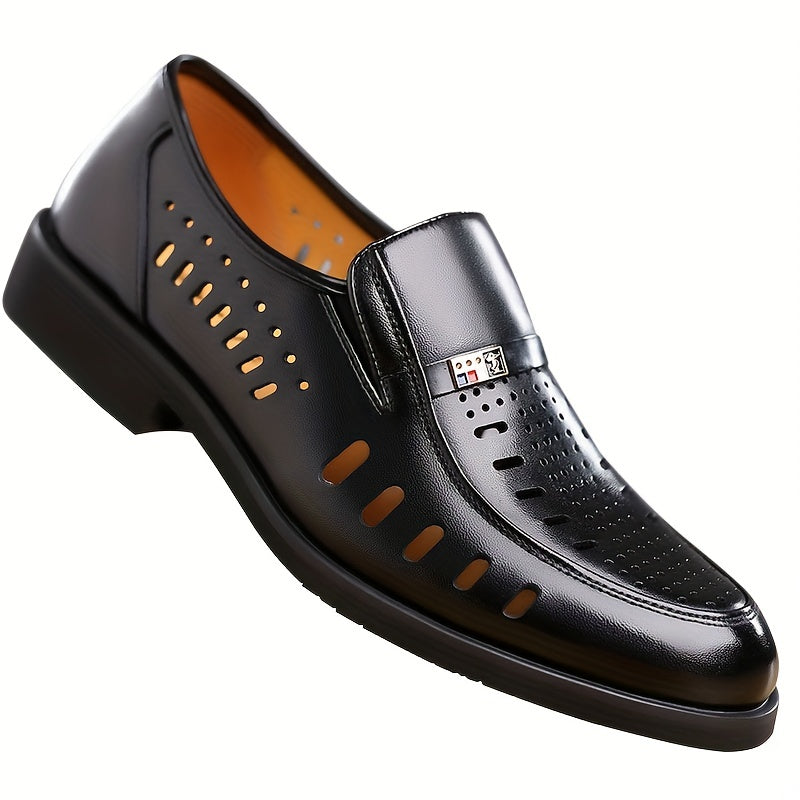 Men's slip-on formal shoes with hollow out design, wear-resistant and non-slip for business wear.