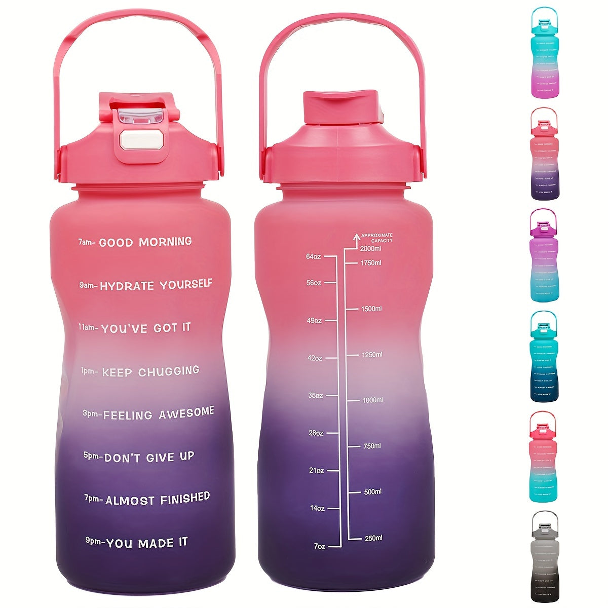 68oz gradient water bottle with motivational time markers, leak proof straw, ideal for running and sports, hand wash only, PVC free, great holiday gift option.