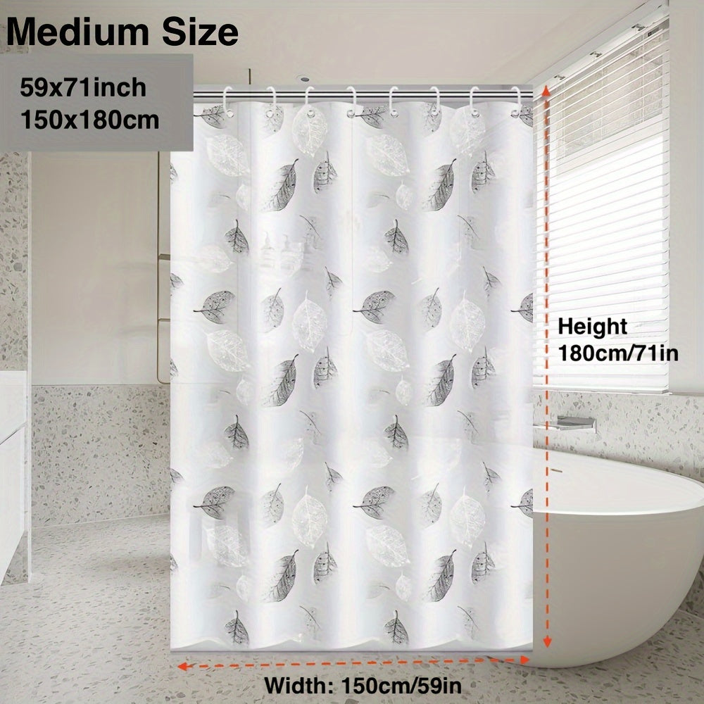 Waterproof PEVA shower curtain liner with leaf pattern and plastic hooks, suitable for various settings such as hotels, apartments, dormitories, and homes for bathroom and window decoration.