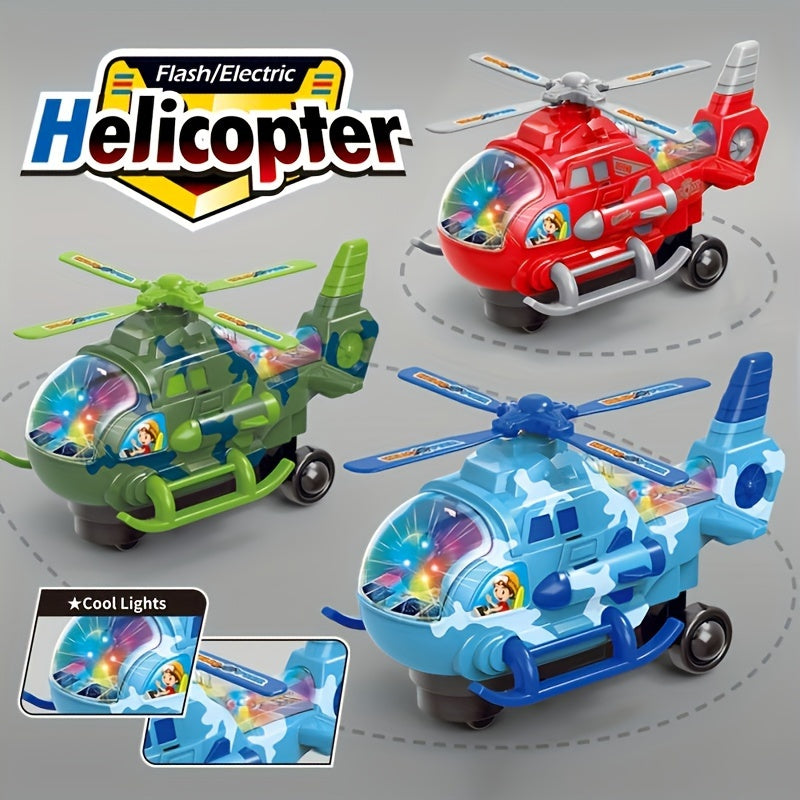 Toy electric helicopter for kids with lights and music, can rotate 360 degrees, made of sturdy plastic, perfect for boys and girls, great for holidays and playtime.