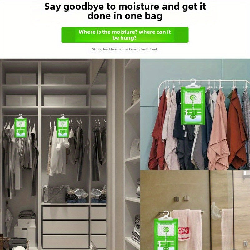 Hangable wardrobe dehumidifier prevents mold and dampness without needing power.