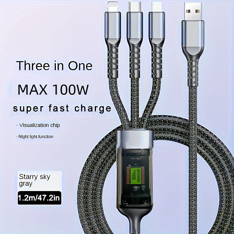 One 3-in-1 100W USB Type C fast charging cable for multiple devices.