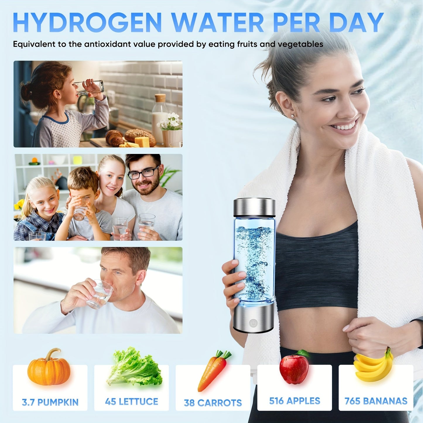 New and Improved Portable Hydrogen Water Bottle with 1000mAh battery, Rechargeable Hydrogen-rich Water Cup, Generates Hydrogen Gas in 3 Minutes, Perfect for Home, Office, Travel, and Fitness. Includes Soda Water Machine Accessories.