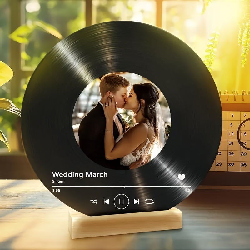 Rectangular Wooden Based Personalized Vinyl Record Photo Display - A Vertical Acrylic Frame perfect for Wedding, Anniversary, Birthday, Valentine's Day, Christmas Gift featuring a Single Picture with a Polished Finish.