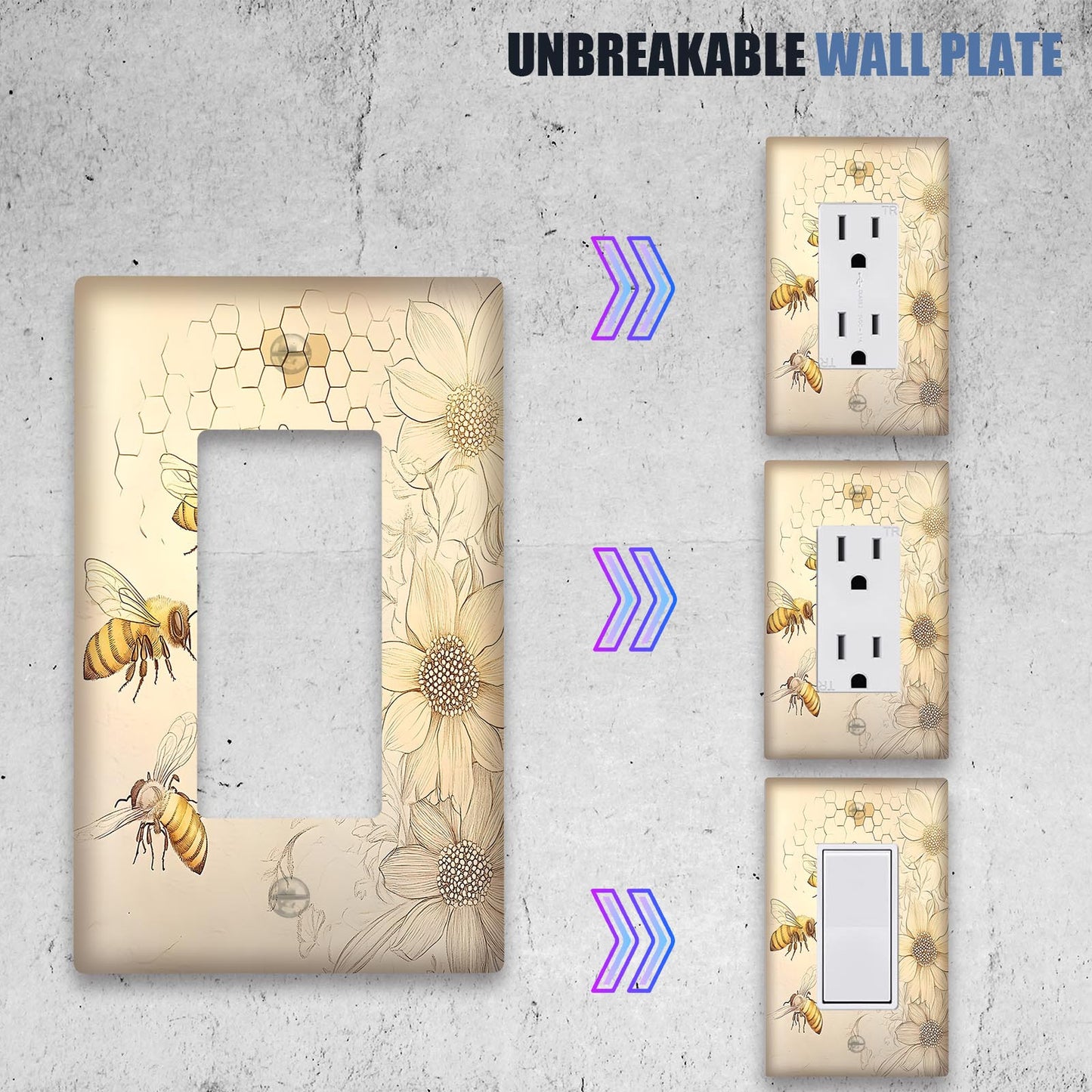 One sunflower and bee decorative wall plate for single toggle light switch and outlet cover, nature-inspired design for home, office, and hotel decor. Available in 1 or 2 gang configurations for power outlets and kitchen use.