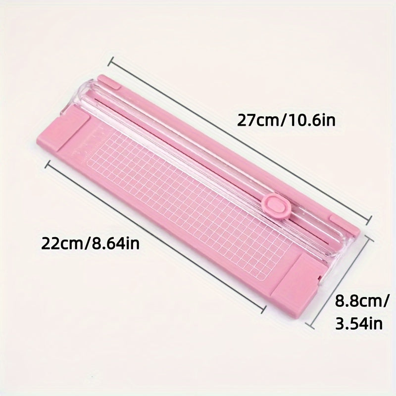 Compact sliding paper cutter for A4 paper, photos, copy paper, and stationery. Dual-direction design with measuring ruler. Available in bright pink, purple, green, blue, and black. Compact