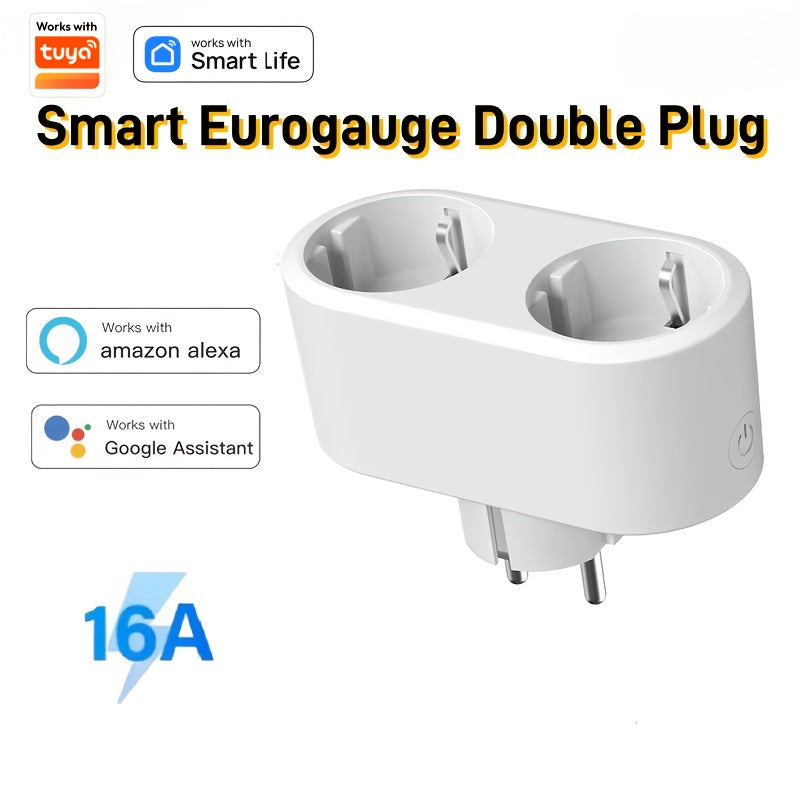 Dual plug socket with voice control, power monitoring, and 16A capacity. Compatible with Alexa and Google. Perfect for TVs, computers, and DVD players.