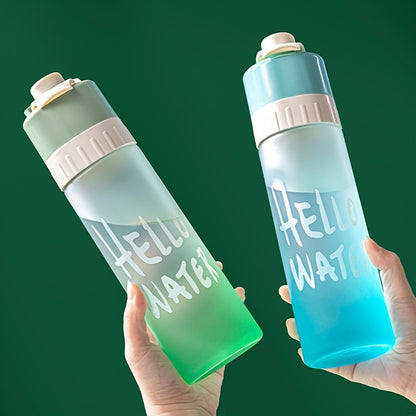 Large capacity gradient sports water bottle with spray function, made of durable PP, essential for summer cooling. Available in blue, green, or pink with "HELLO WATER" motif.