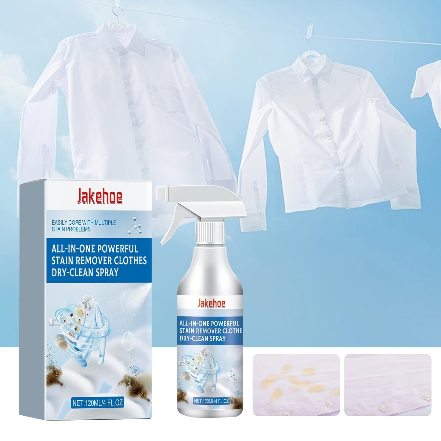 Get the Jakehoe All-in-One Powerful Stain Remover Clothes Dry-Clean Spray! This easy no-rinse solution removes grease and dirt from your clothes, leaving them fresh and stain-free. Perfect for home use, this spray requires no electricity or batteries.