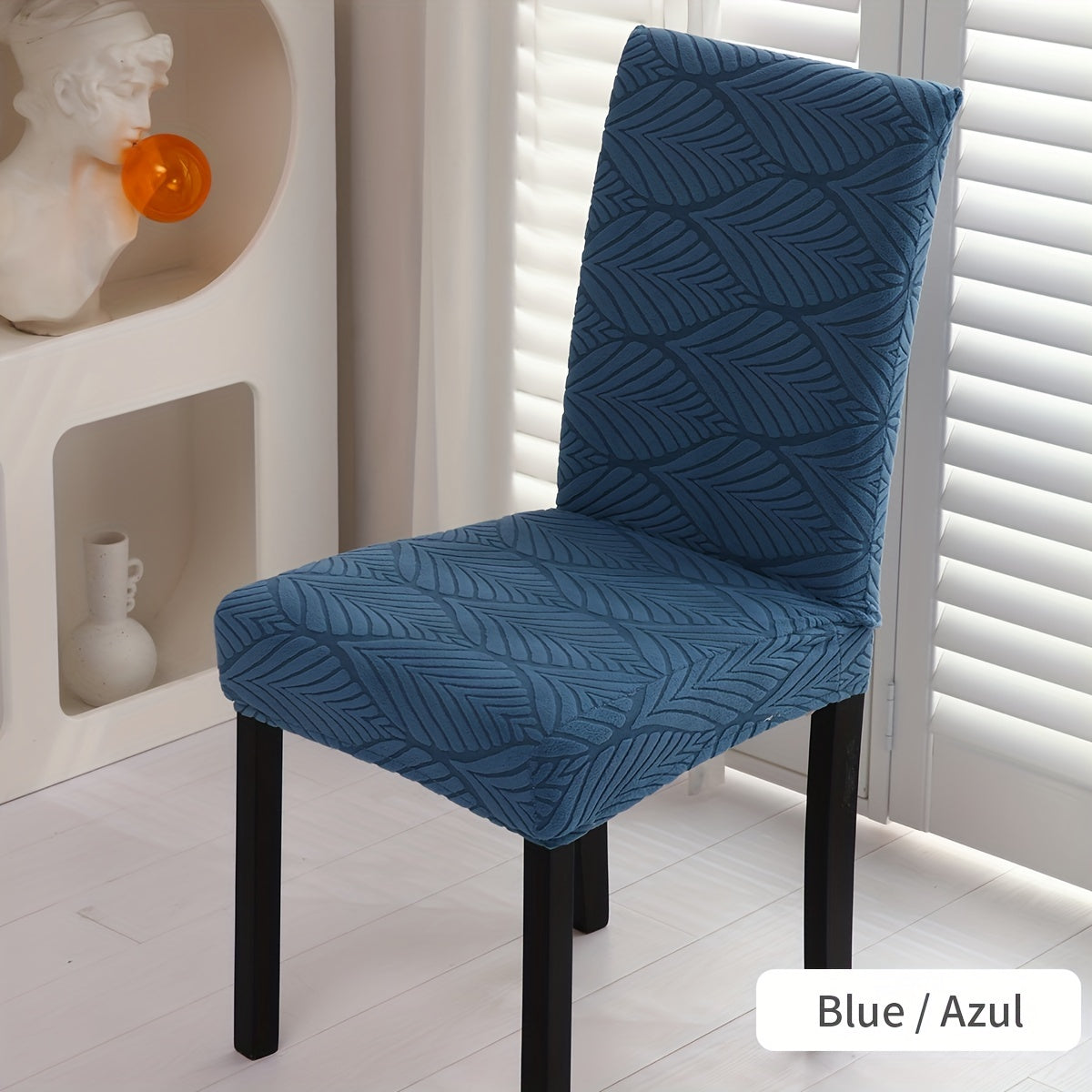 Elastic dining chair slipcovers with leaf pattern, removable and stretchable, made of polyester and spandex blend. Machine washable with elastic band closure. Suitable for home, office, and banquet hall decor.