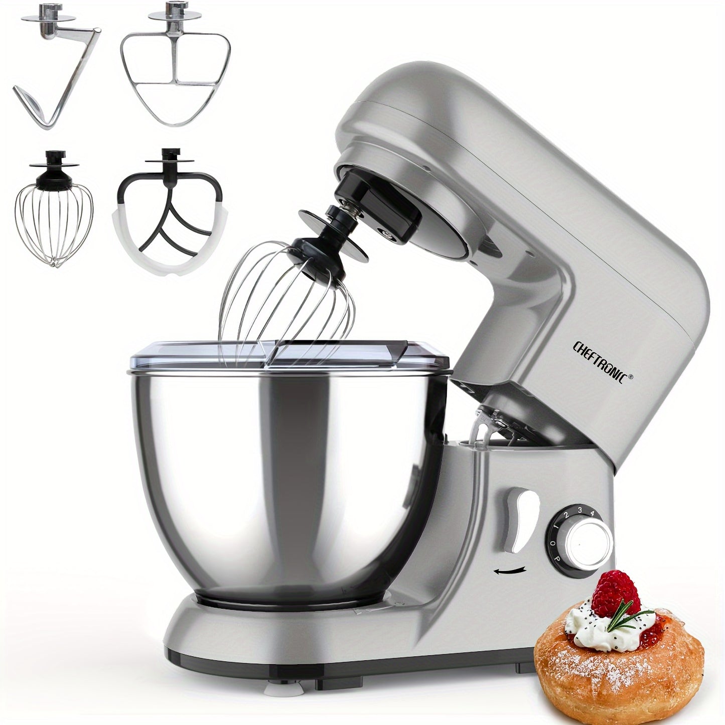 CHEFTRONIC Stand Mixer - 5L Tilt-Head Elektron Stand Mikser, 1300W 6+P Tezlik, Xamir Qopqog'i, Qamchi, Oziq-ovqat Aralashtirgichi, Yog' Qamchi.