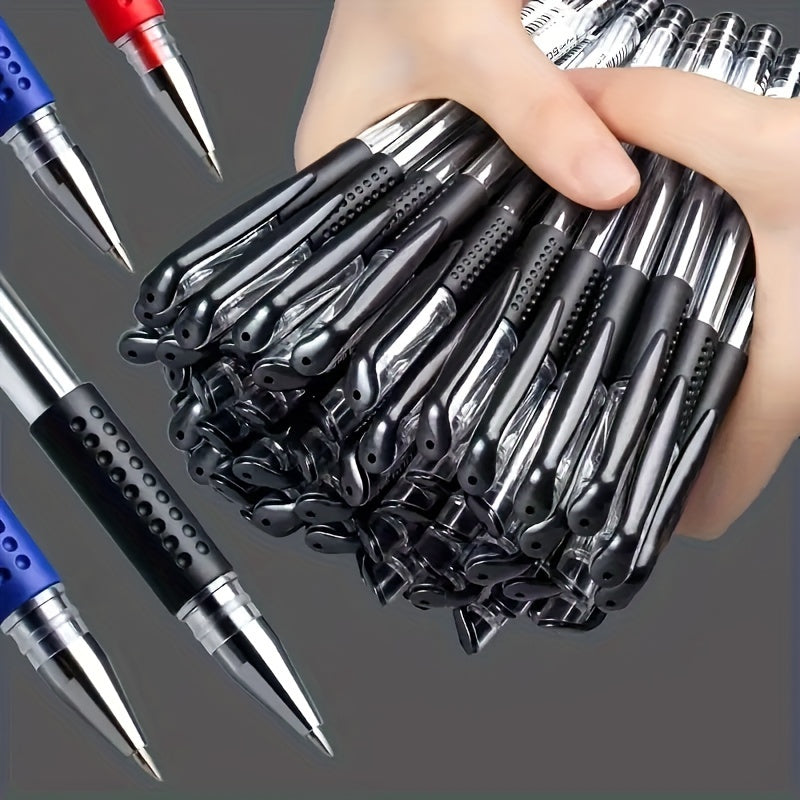 50-pack gel and ballpoint pen set with fine 0.5mm point in assorted black, blue, and red ink. Ideal for students, school, and office use with comfort grip. Suitable for ages 14 and above.