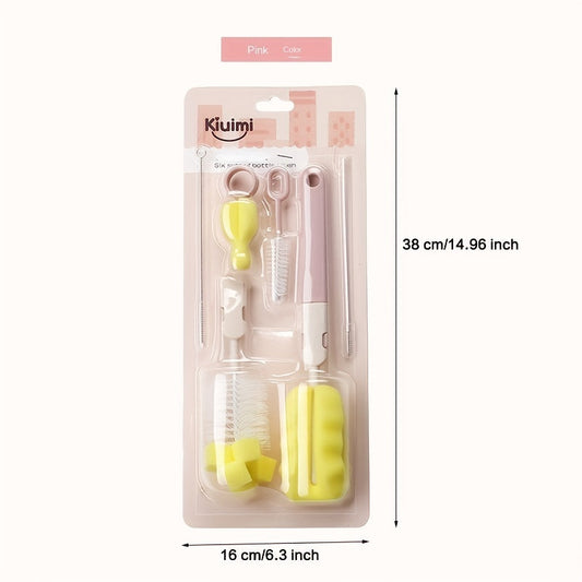 A set for cleaning bottles, includes a baby bottle washing brush, straw brush, and rotating sponge.