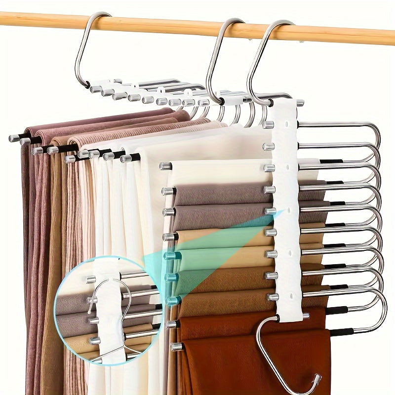 9-tier space-saving pants hanger with anti-slip coating, 5 extra hooks, stainless steel closet organizer for leggings, jeans, and trousers, maximizes wardrobe storage.