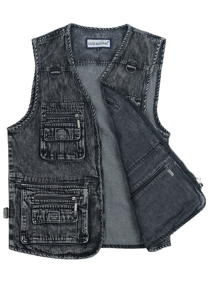 LUSI MADAM Men's Denim Black Zip-Up Vest - V-Neck with Multi Pockets, 100% Cotton, Perfect for Spring/Summer Outdoor Activities.