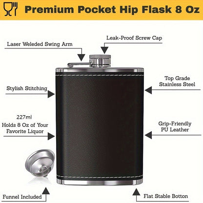 8oz stainless steel flask set with leather wrap, 4 cups, and funnel. Leak-proof for whiskey, rum, and vodka. Perfect gift for men and women.