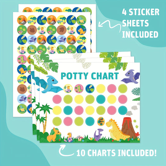 Dinosaur Design Potty Training Chart Set includes 10 Magnetic Reusable Charts, 4 Sheets of 70pcs Reusable Stickers, 1 Instruction Booklet, 1 Sheet of Glue Dots. Perfect for Boys and Girls.