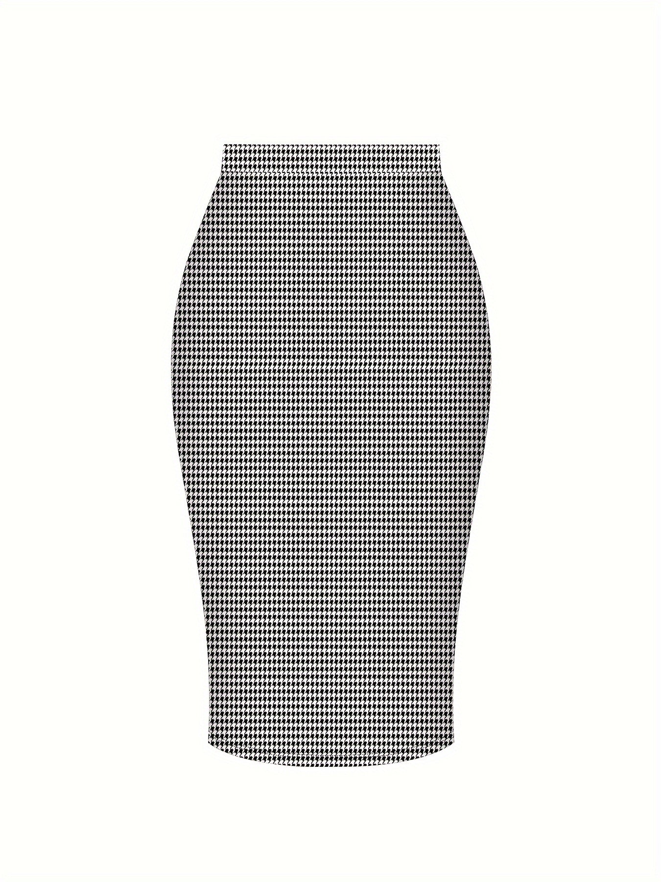 Elegant women's houndstooth print set with long sleeve button top and skirt.