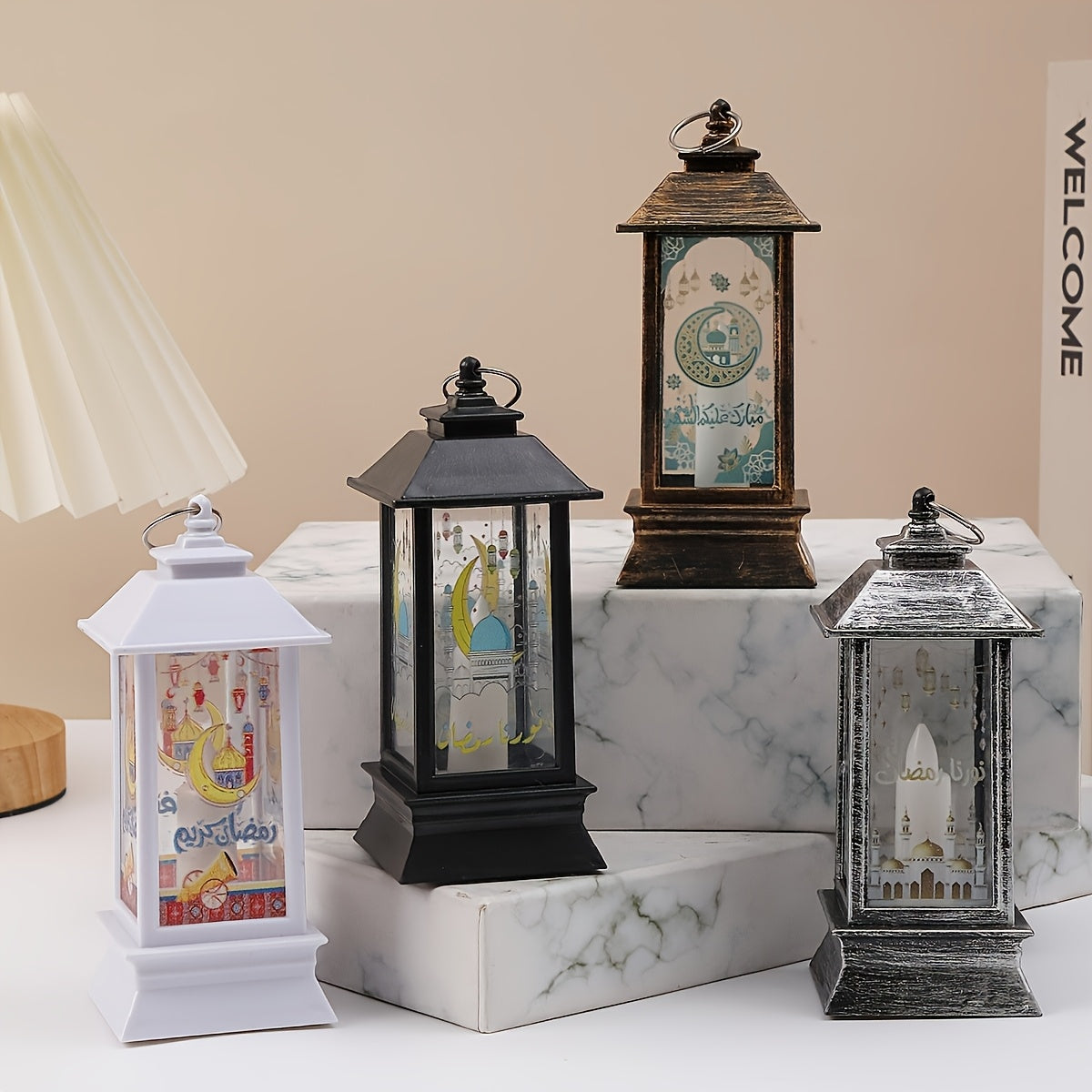 Rustic LED lantern for home decor and festive celebrations, battery operated with included button battery, perfect for Eid al-Fitr and holiday ambiance. Traditional style lantern made of