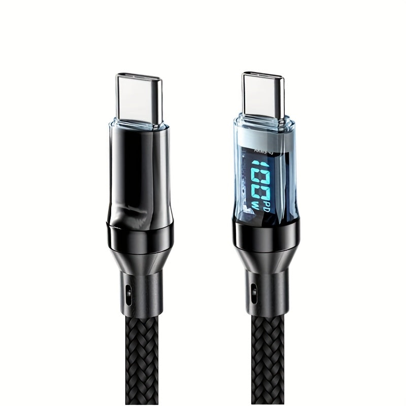 Fast charging Type C cable with digital display, durable nylon, compatible with various mobile phones and tablets, round shape.