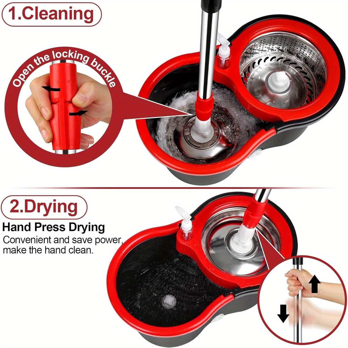 Get the perfect cleaning solution with our 360° Rotating Mop and Bucket Set. This set includes a Squeeze Dryer, 3 Microfiber Heads, and an Adjustable Stainless Steel Handle. It's ideal for cleaning any room in your home - bedroom, bathroom, kitchen, or