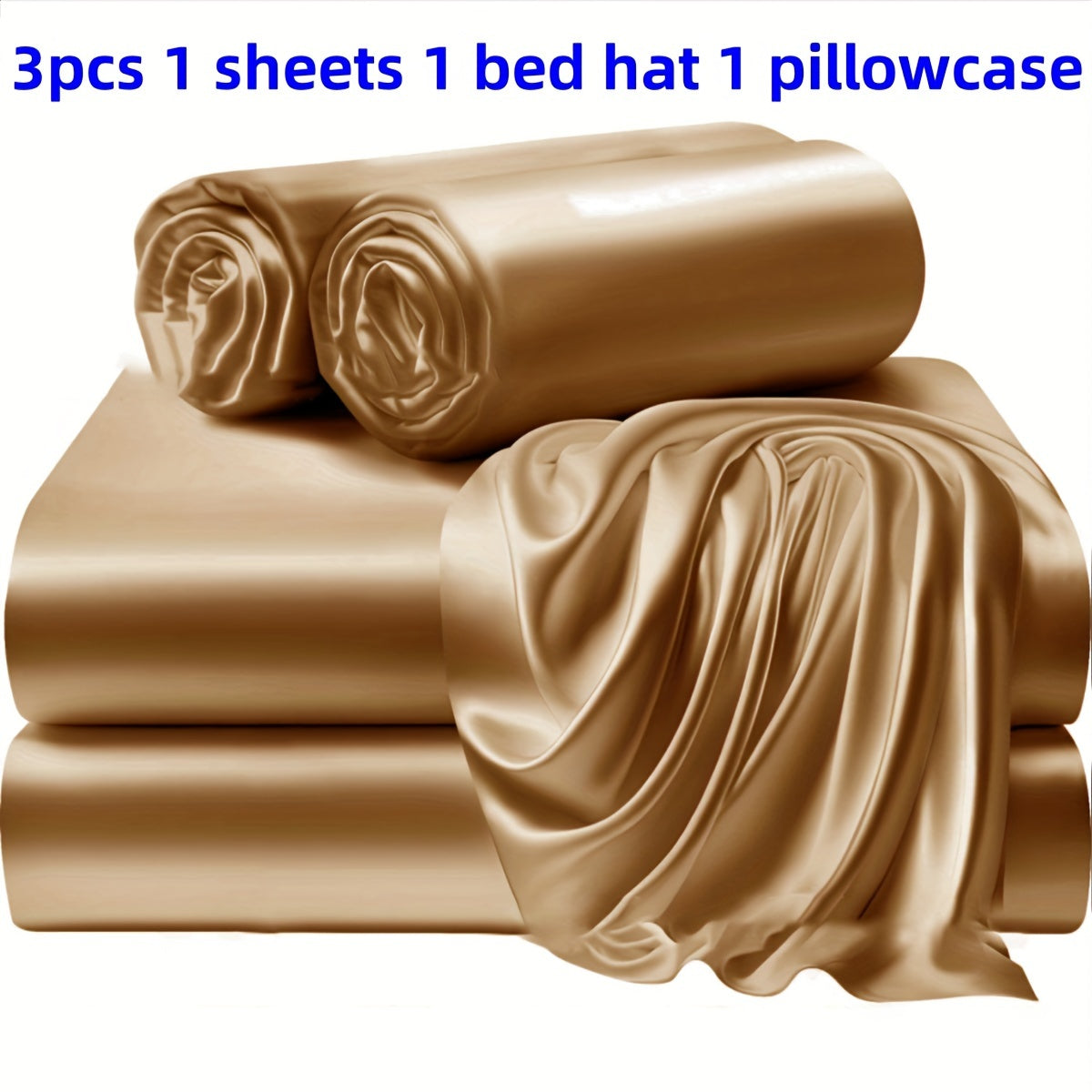 A set of three or four solid color bed sheets and bed skirts, along with half the number of pillowcases, all soft and silky.