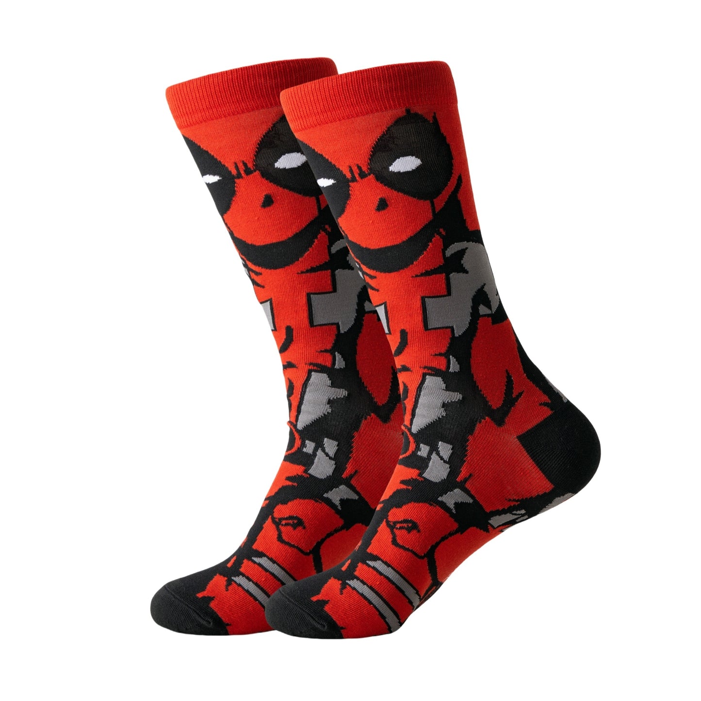 5/10/20 pairs of men's cartoon crew socks made of 97.8% Polyester and 2.2% Spandex. Breathable knit fabric with casual street style, suitable for all seasons outdoor wear. Hand washable.