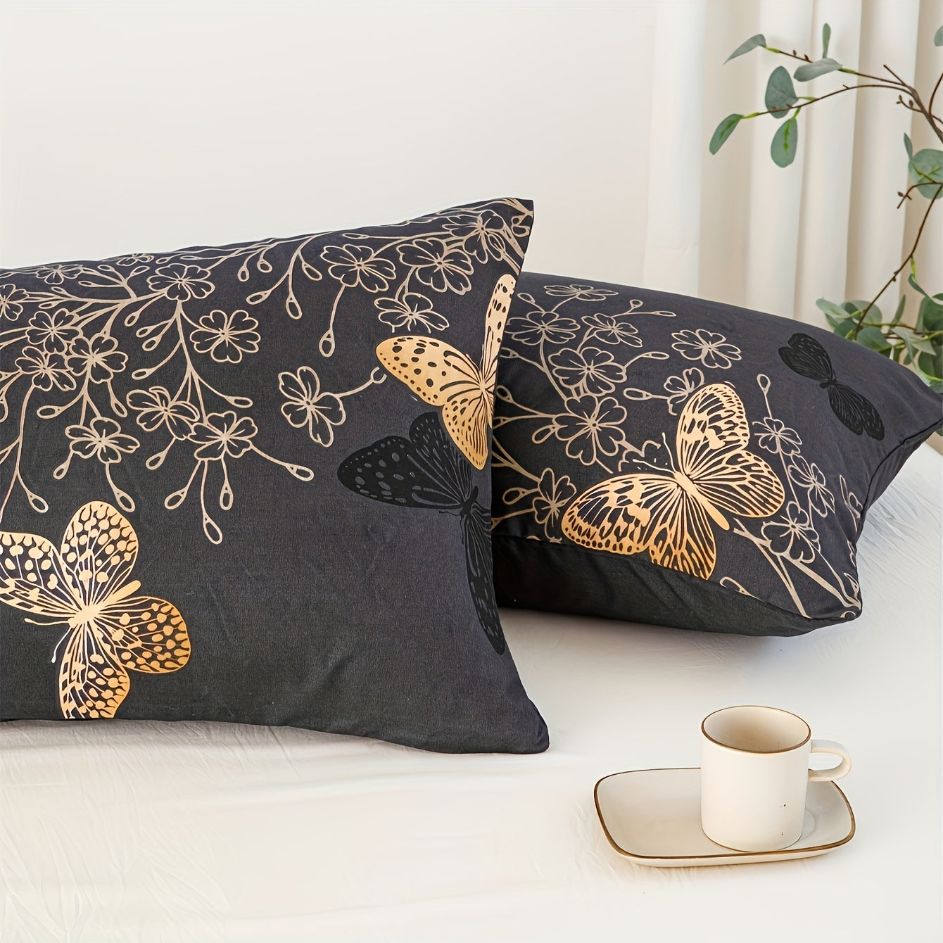 Set of 2 Golden Butterfly Print Polyester Pillowcases with Soft Comfort for Bed Decor. Available in Multiple Sizes, Machine Washable with Brushed Finish and Active Print Design. Made with Polyester Cover and 90g Fabric.