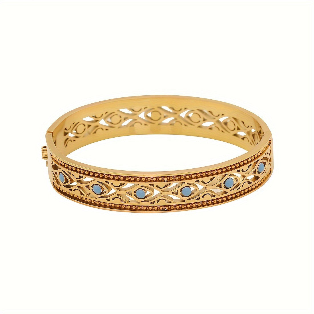 1pc of Vintage Style 18K Golden Plated Stainless Steel Bracelet featuring Turquoise Inlay and Hollow Pattern Design, specially designed for women as a Daily Wear Jewelry piece. This bracelet is the perfect Valentine's Day Gift.