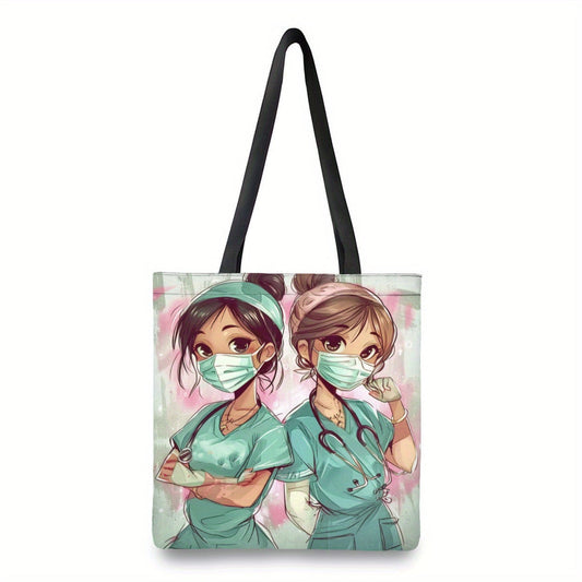 Large capacity shoulder bag with a cute cartoon nurse print, ideal for shopping.