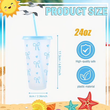 BPA-Free plastic water cups with lids and straws in heart and bow print. Leak-proof and reusable for outdoor events. Great for gifts on special occasions.