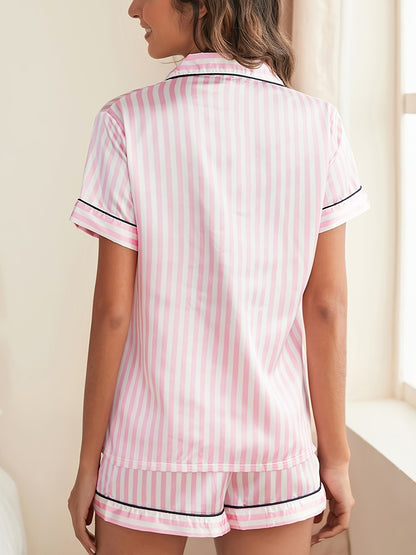 Stylish Striped Pajama Set for Women, Short Sleeve Button-up Top and Shorts