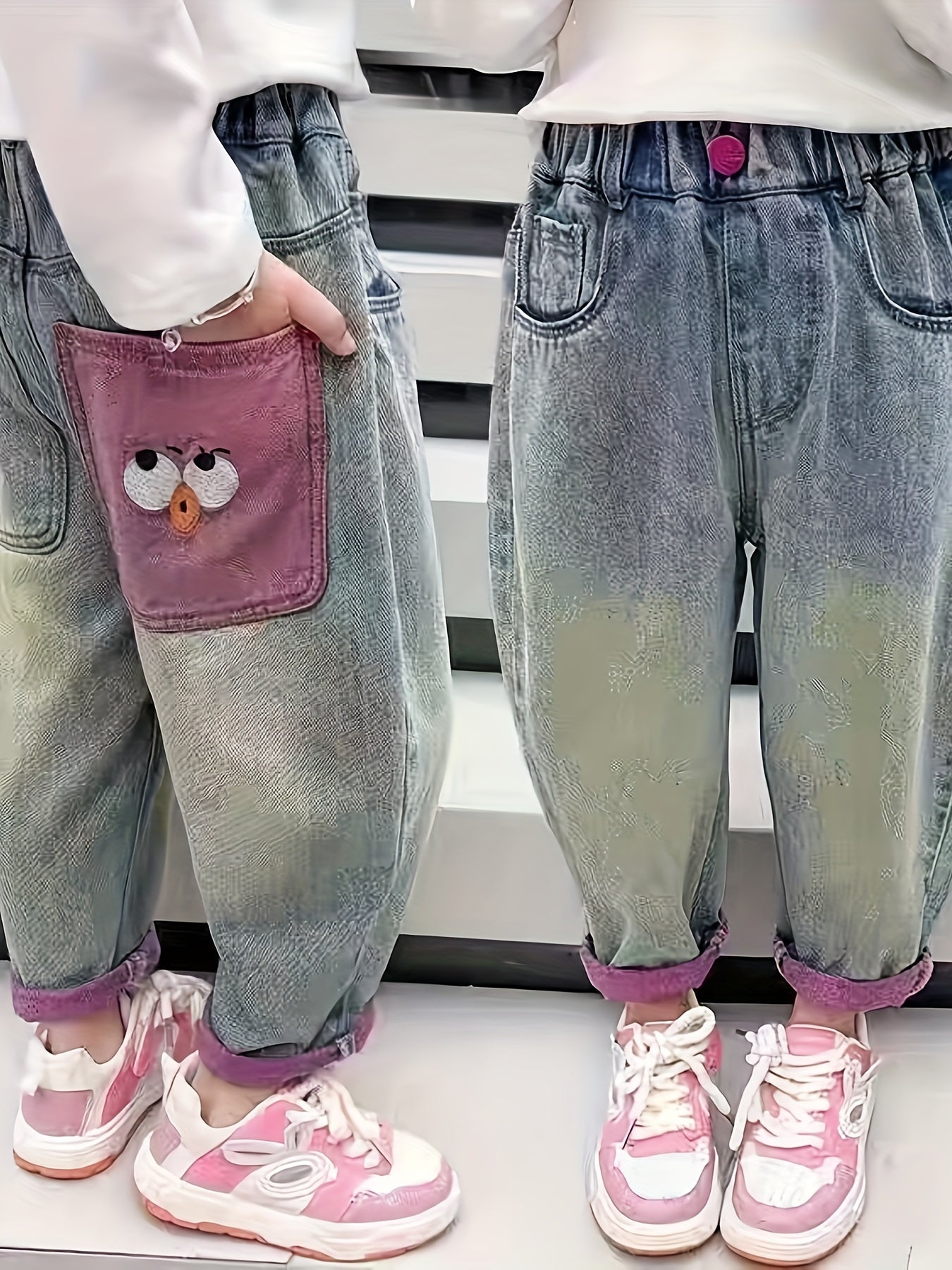 Cute cartoon print denim jeans for girls - comfy loose fit, machine washable, perfect for spring/fall