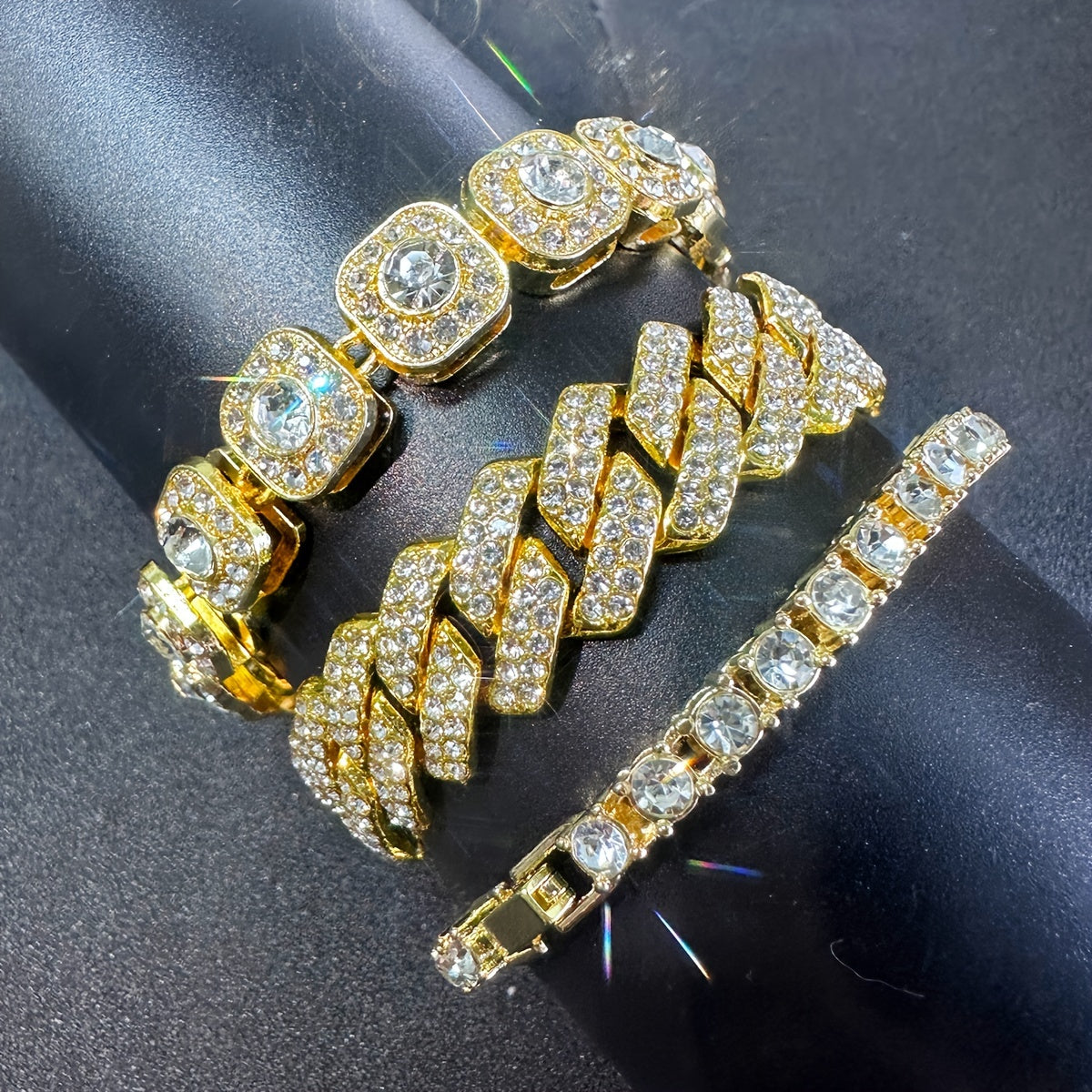 Set of 3 Fashionable Bling Rhinestone Cuban Chain Bracelets for Both Men and Women, Hip Hop Style Iced Out Bracelet with Thick Link Chain Design Jewelry