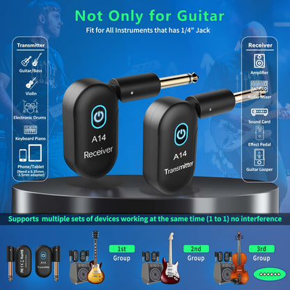 2.4GHz Wireless Guitar System with rechargeable transmitter and receiver set, in ABS material, black. Suitable for electric guitar, bass, and other musical instruments. Features a 30.48