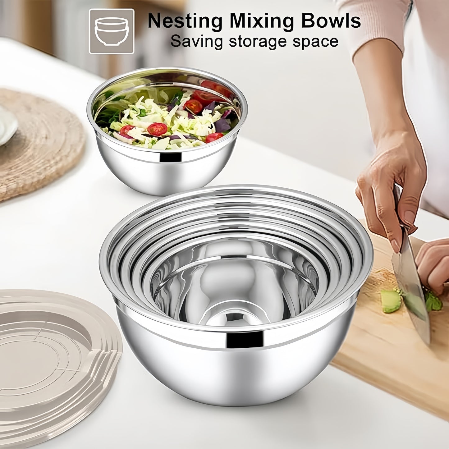 14-piece stainless steel mixing bowl set with sealed lids for food storage and meal prep. Ideal for salads, kitchen gadgets, and accessories.