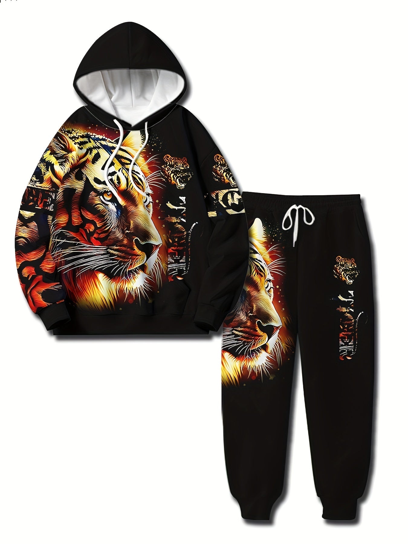 Men's 2-piece casual outfit featuring a long sleeve hoodie and sweatpants in a creative tiger 3D print, perfect for spring and fall.