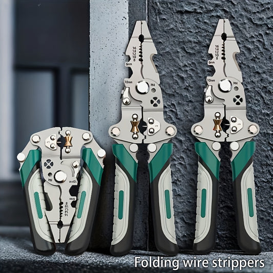 Compact and durable multi-tool pliers for electricians, with wire strippers, cutters, and crimper. Features green and gray handles. Ideal for on-the-go electrical work.