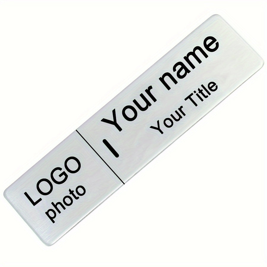 Customizable rectangular brooch featuring personalized logos and photos. Laser engraved with text on stainless steel for a unique and exquisite gift.