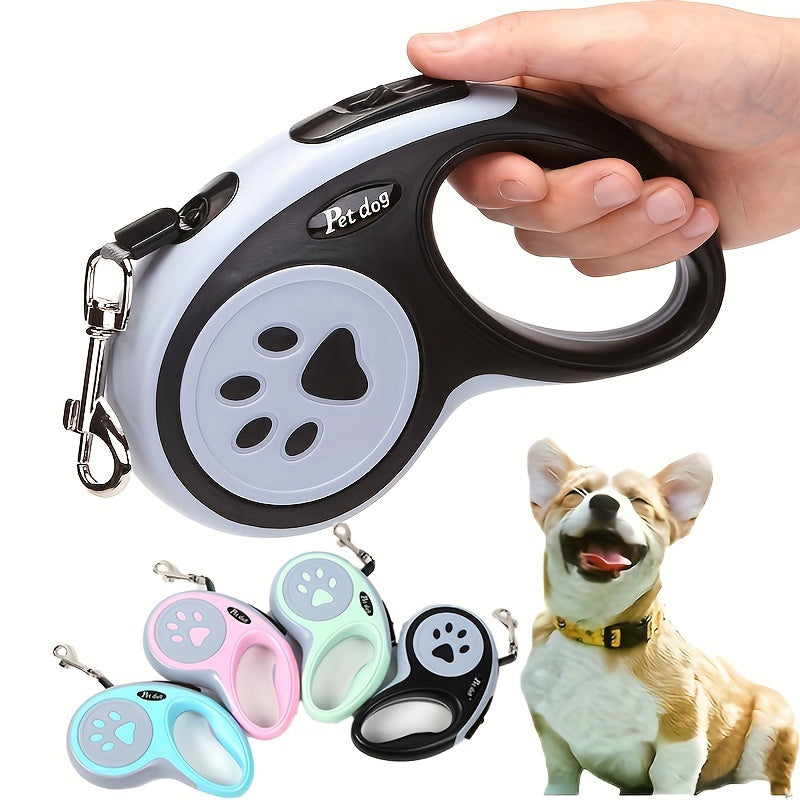 Durable polyester retractable dog leash featuring paw print design, ideal for dogs. Easy to use and store.