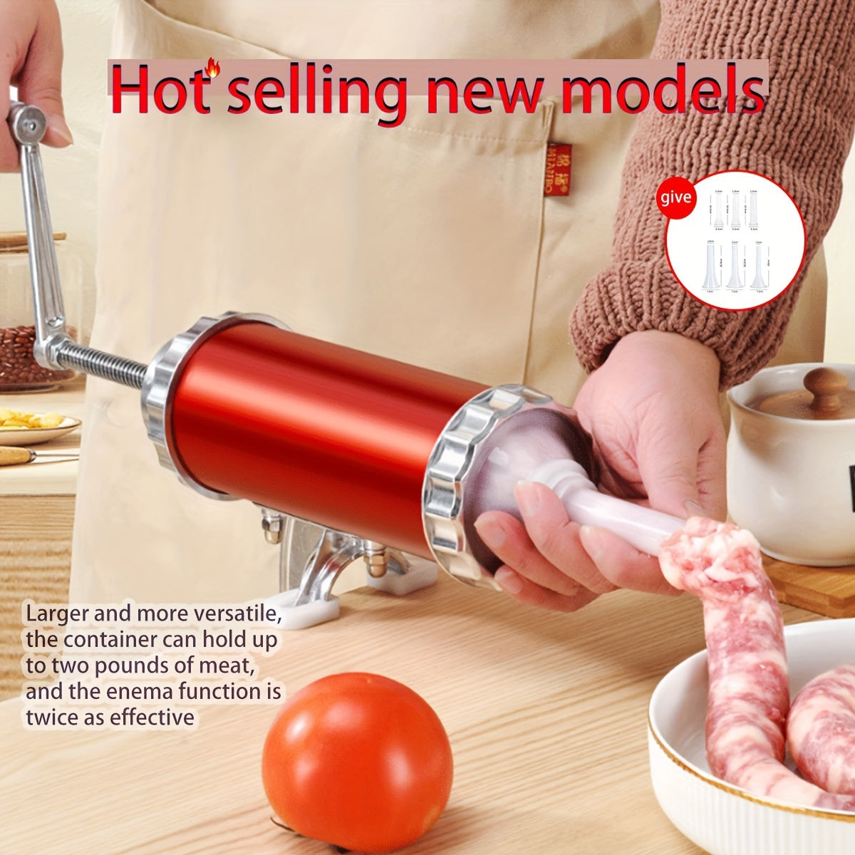 1 piece of the Sausage Stuffer Machine, a must-have for any home kitchen. This versatile Sausage Maker is made of durable metal material and features a large caliber, making it ideal for making sausages from meat and poultry. Essential for any home cook.