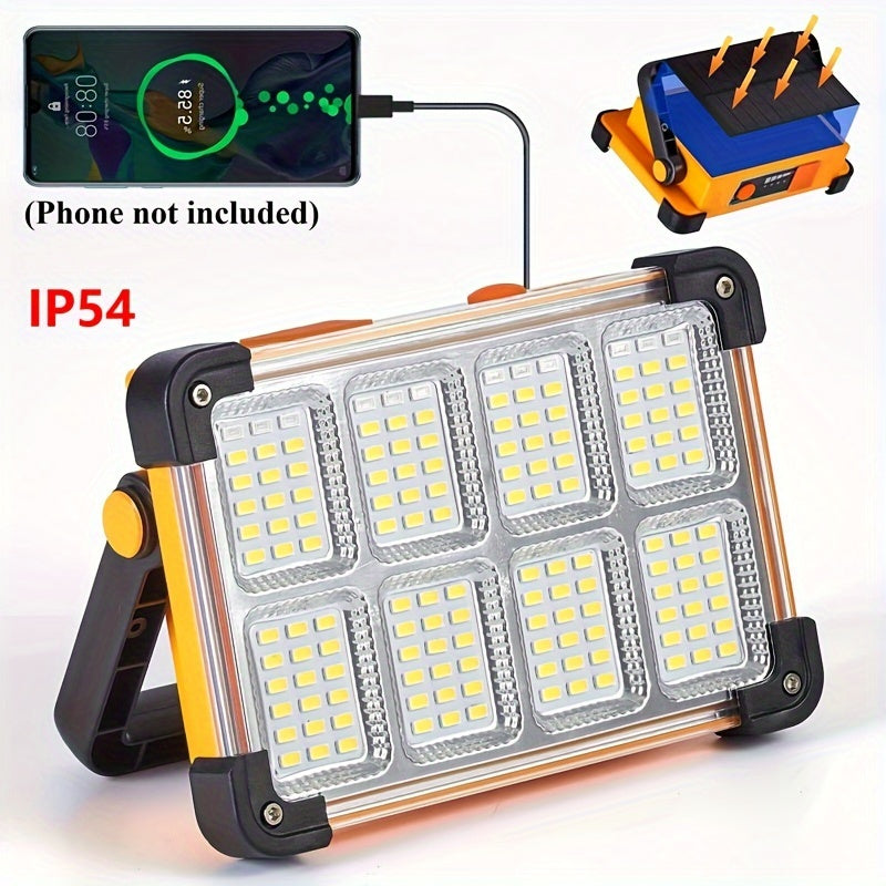 Rechargeable LED Solar Floodlight, versatile for power outage, camping, fishing. Can be charged by solar or USB.